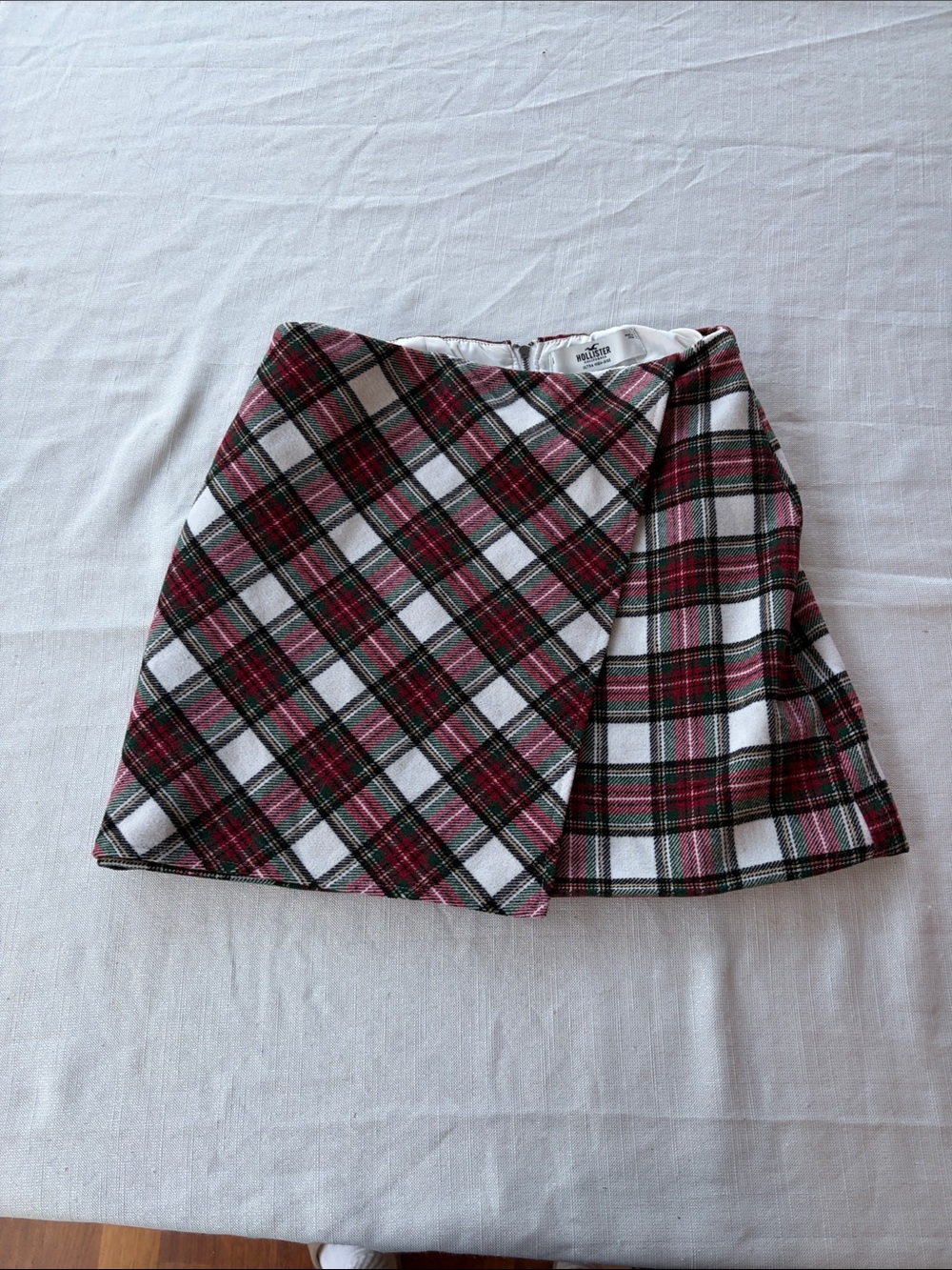 Hollister White Plaid Wrap Mini Skirt with Red & Green
